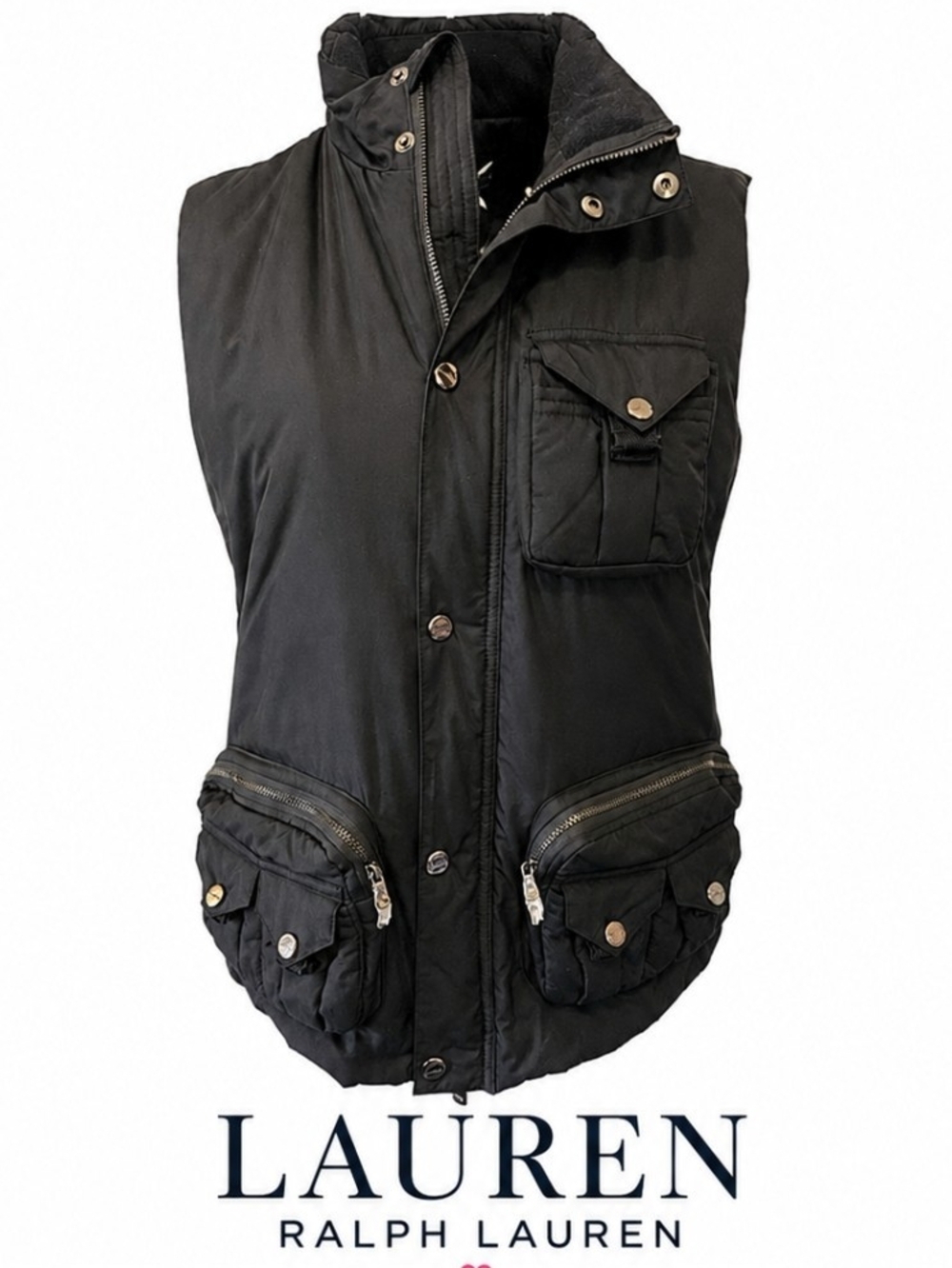 LAUREN by Ralph Lauren Active Black Quilted Utility Vest with Multiple Pockets
